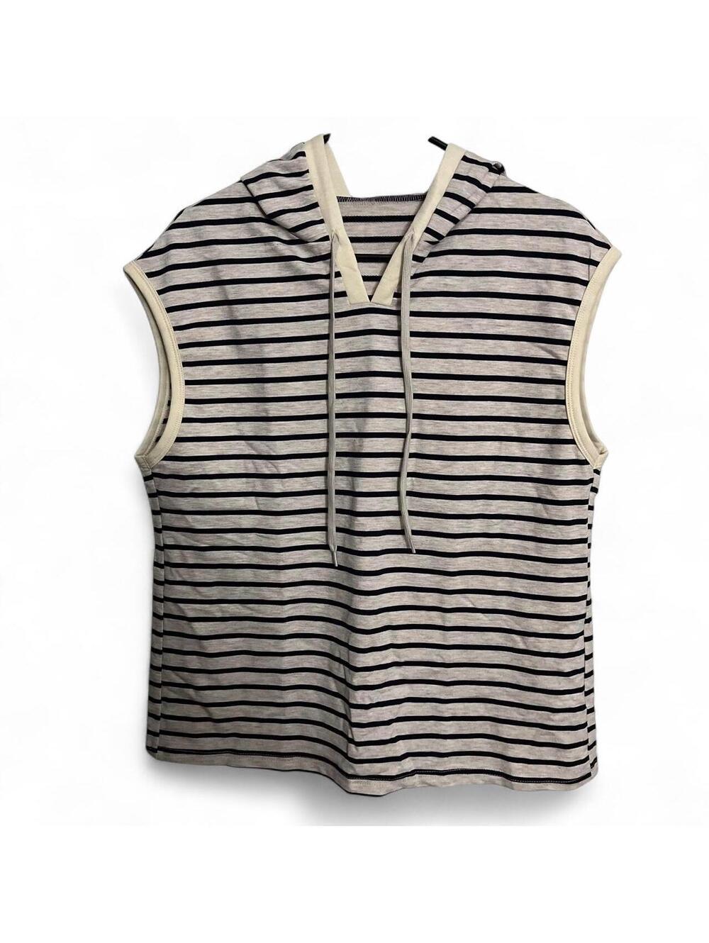 Navy Grey Striped Oversized Sleeveless Hoodie